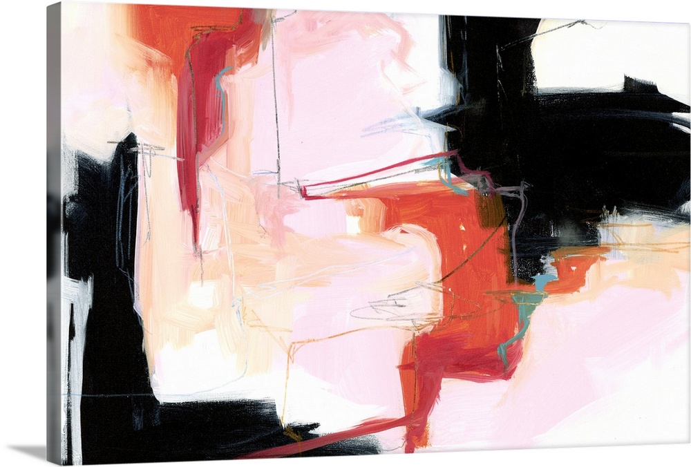 A contemporary abstract painting using tones of pink red and black in globular forms.