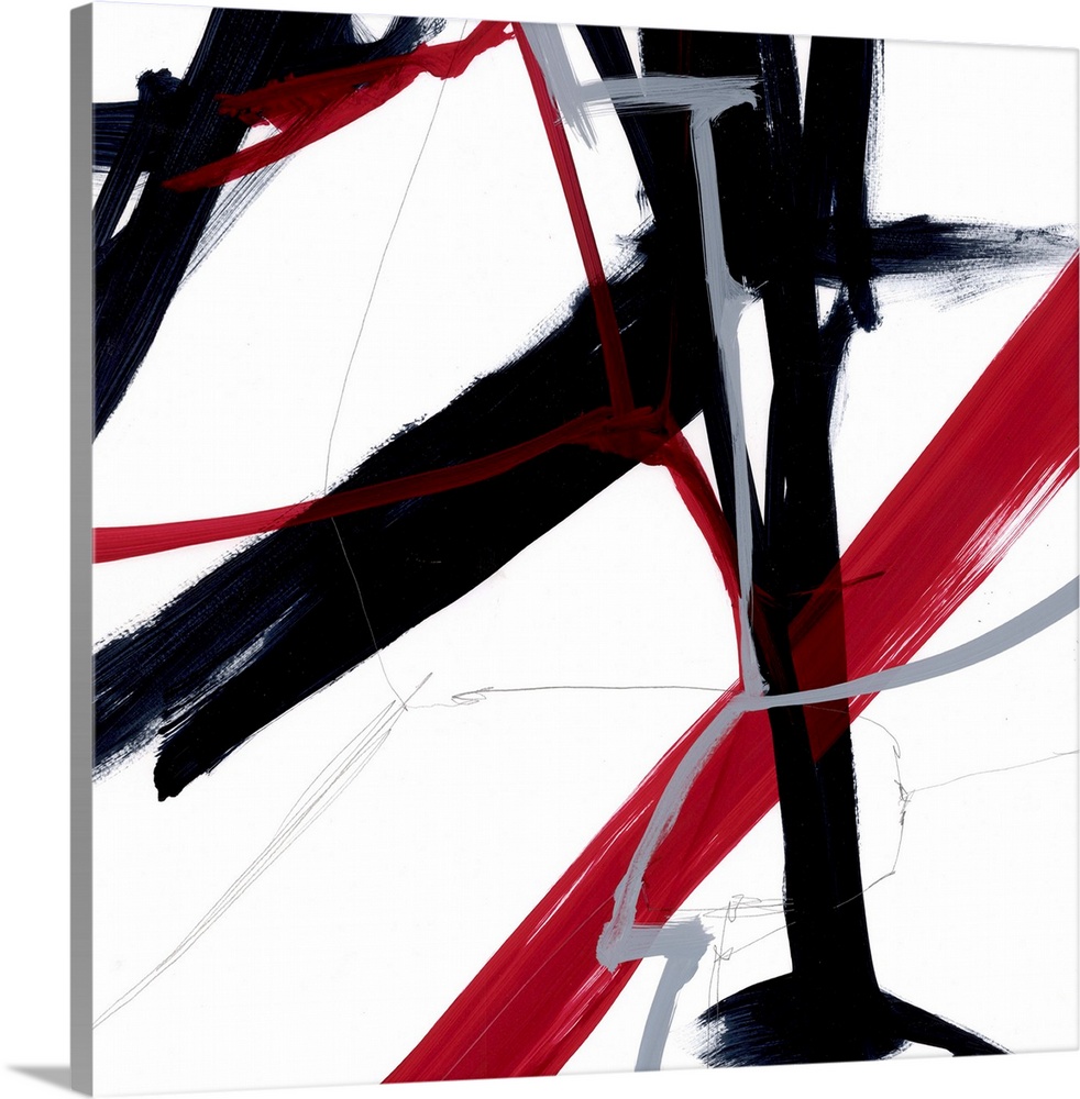 A contemporary abstract painting of bold slashes of red and black paint strokes against a white background.