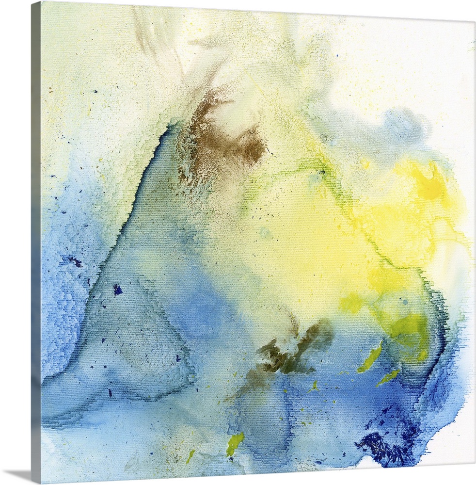 A contemporary abstract watercolor painting using a light blue wash with a splash of bright yellow against a white backgro...