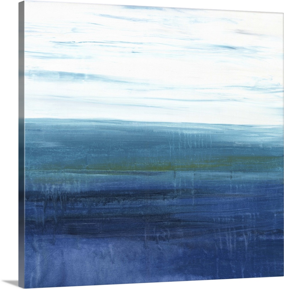 A contemporary abstract painting using deep blue tone and green tones split in the middle of the image with icy white.