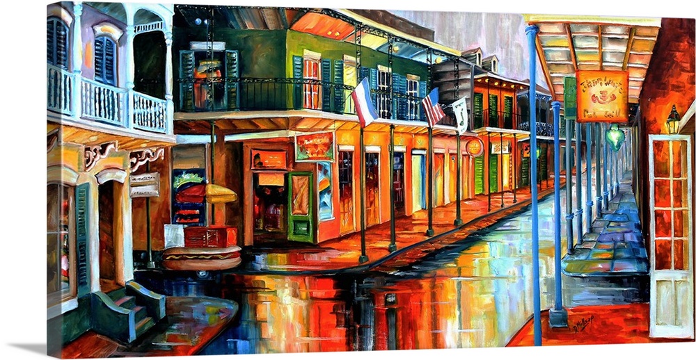 Contemporary painting of Bourbon street in New Orleans at night illuminated in vibrant colors.