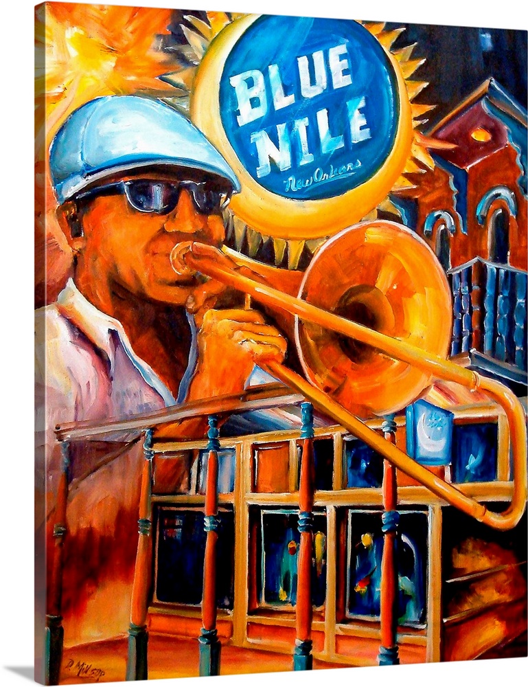 This is a contemporary painting advertising a music venue in New Orleans while a jazz musician attacks the building with a...