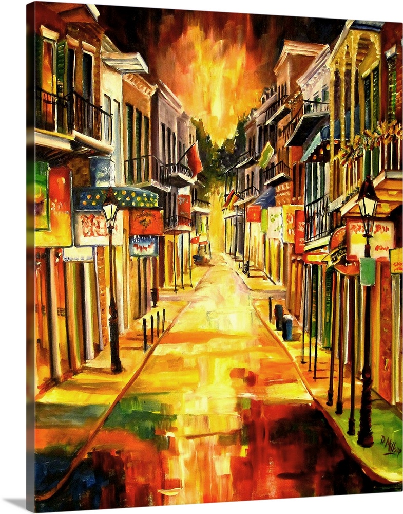 Bright contemporary painting of a lit up road in New Orleans, Louisiana, showcasing popular restaurants and shops with sec...
