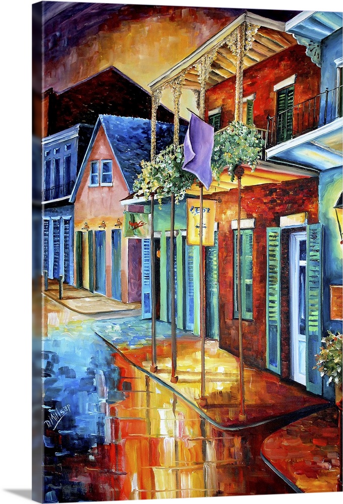 Contemporary painting of Bourbon street in New Orleans at night illuminated in vibrant colors.