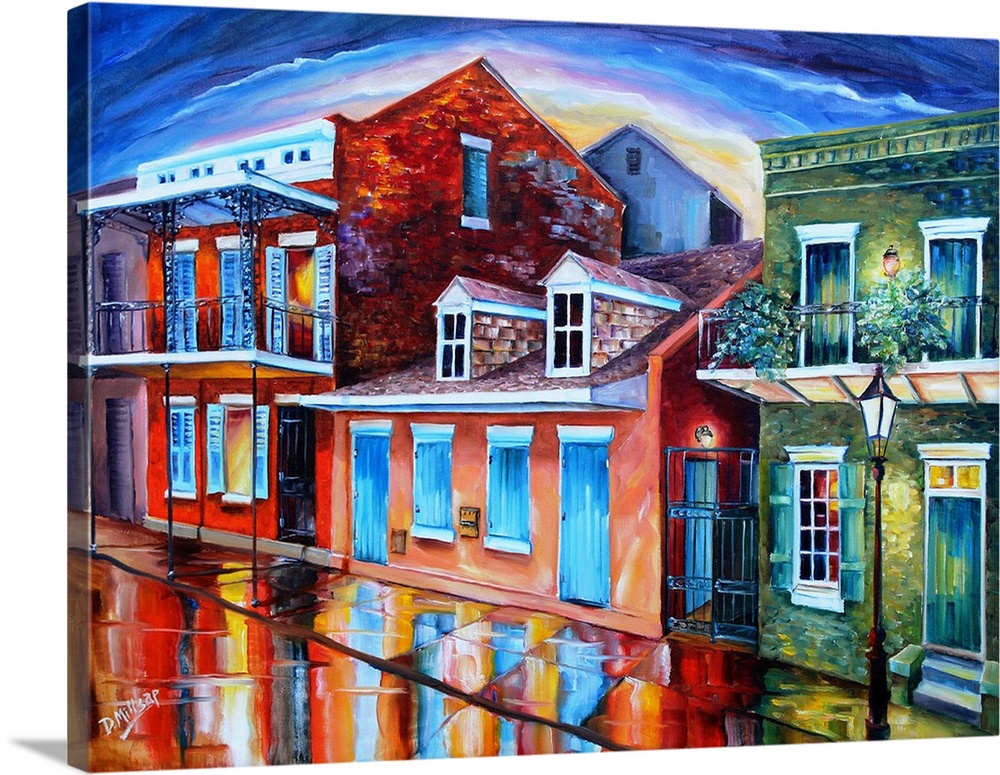 Contemporary artwork of Burgundy Street in New Orleans with colorful buildings.