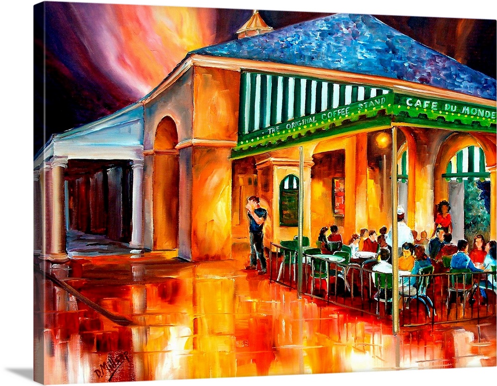 Large painting on canvas of a warm toned cafo with people sitting outside conversing and eating.