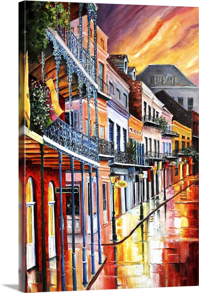 Contemporary artwork of the French Quarter in New Orleans with colorful buildings and white balconies.