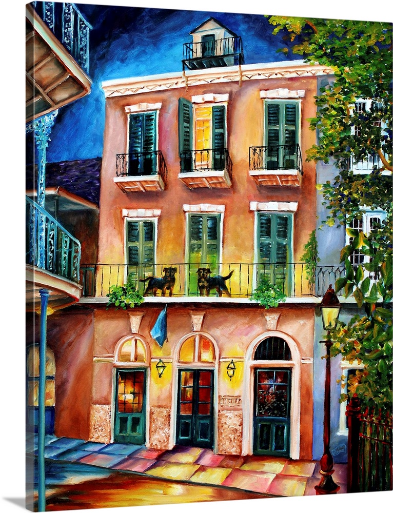 A transitional style painting of a tall townhouse in New Orleans, with two dogs standing on the balcony. Paintined in brig...