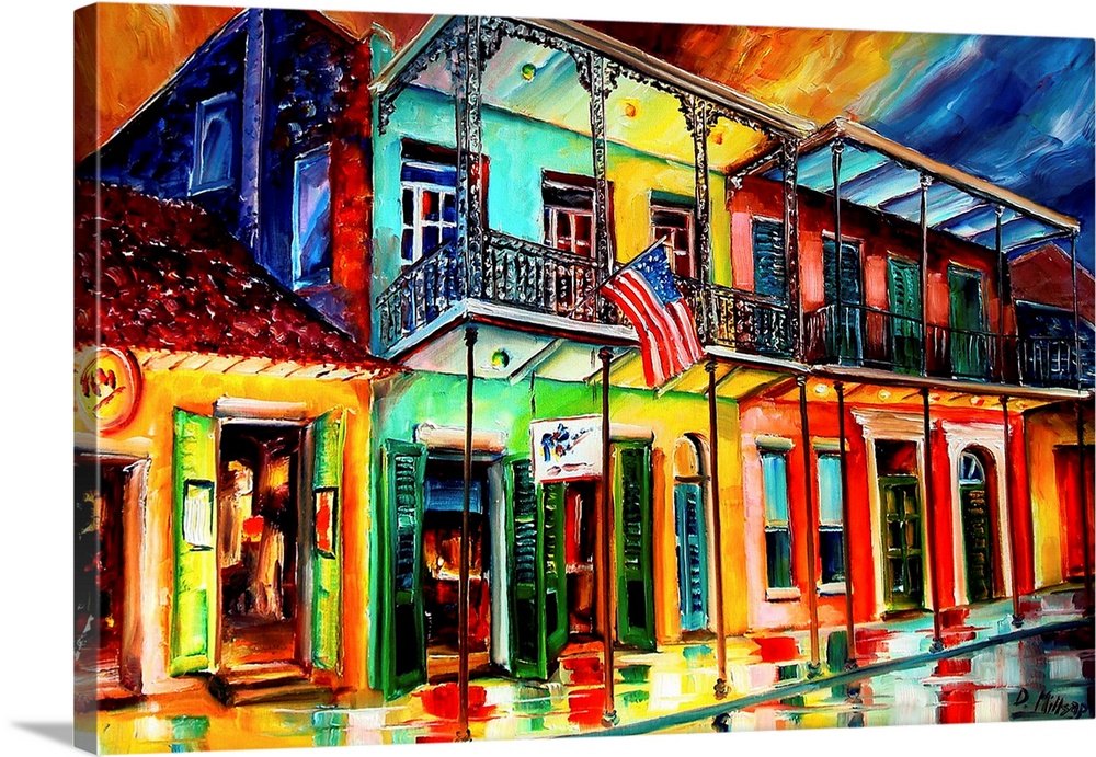 Contemporary painting of wet city street lined with shops that have balconies.