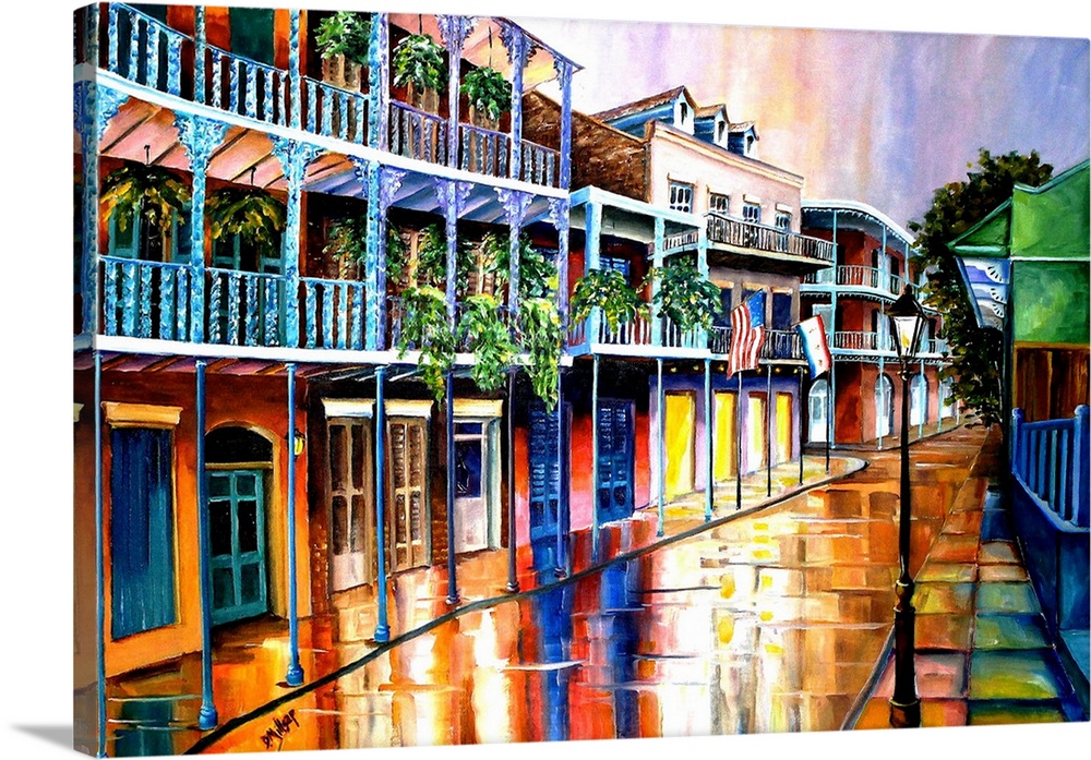 Contemporary artwork of Royal Street in New Orleans with colorful buildings and white balconies.