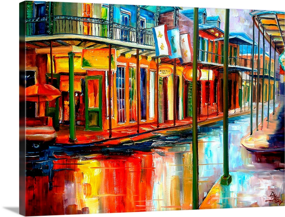 Boldly colored contemporary painting of historic park in French Quarter of New Orleans.  Shops line the wet streets with b...