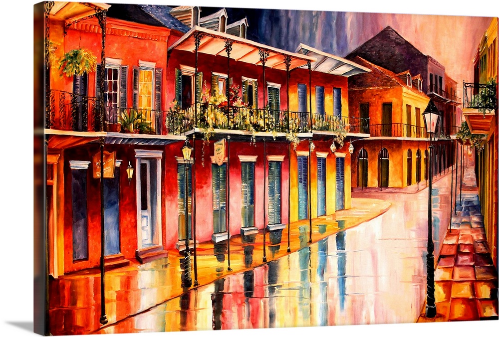 Contemporary art painting of an empty street in the French Quarter, New Orleans with the buildings reflecting off of the w...