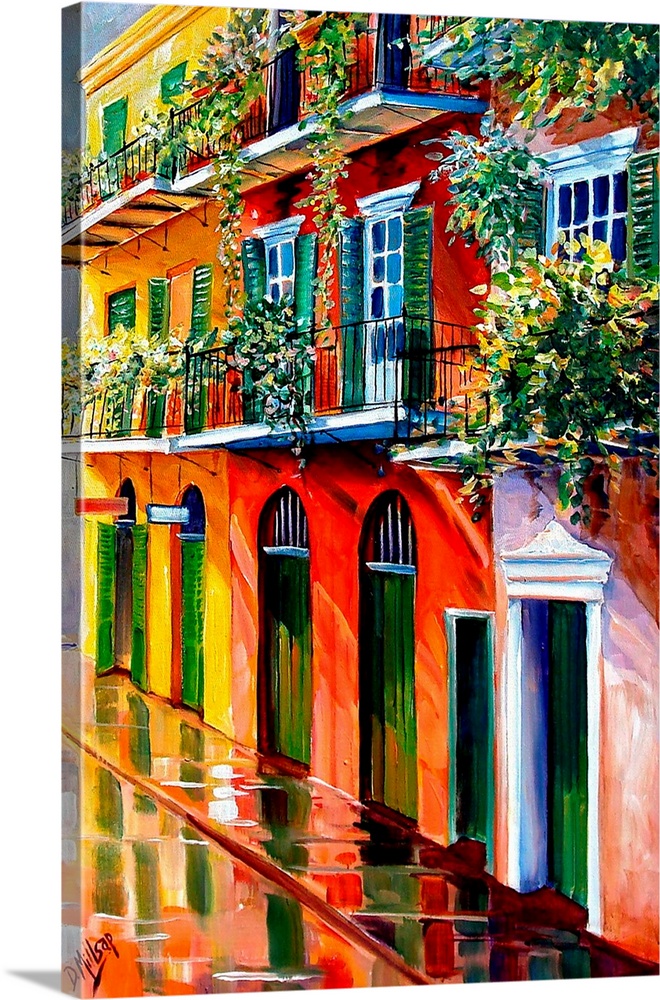Big contemporary art displays a row of colorful houses after a recent rain shower within a famous part of New Orleans, Lou...