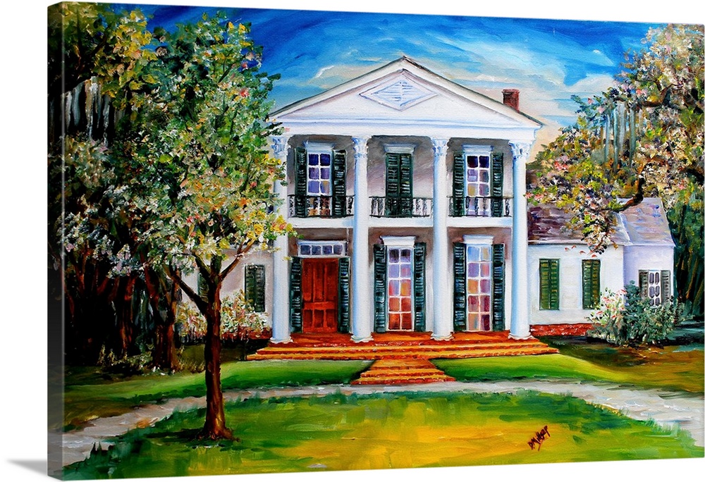 Contemporary painting of a large estate home with columns and classic architecture in New Orleans, Louisiana.