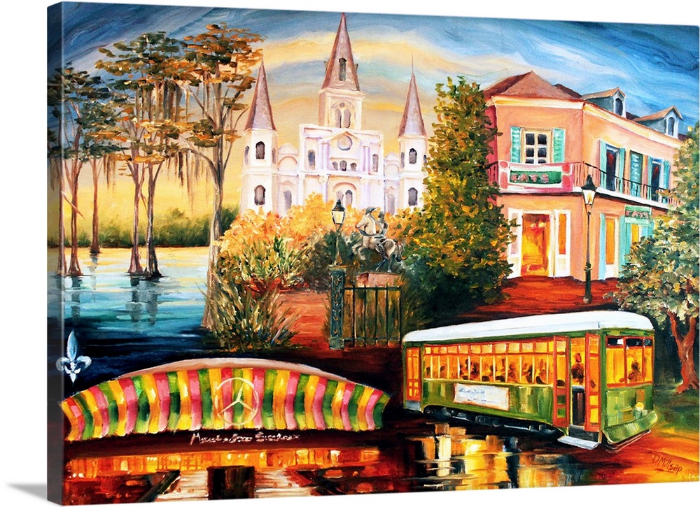 Collage of historic New Orleans landmarks, including the Cathedral and trolley.