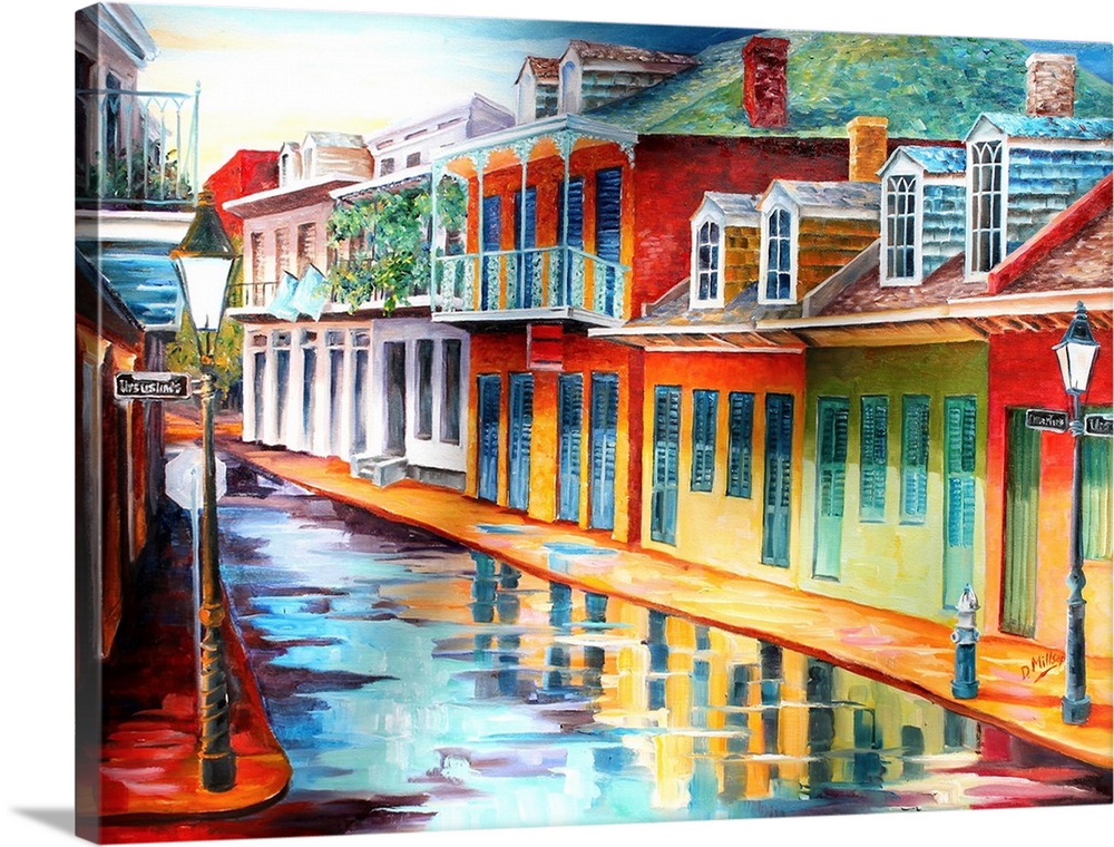 Painting of a wet streetscape on Chartres Street in New Orleans, LA.