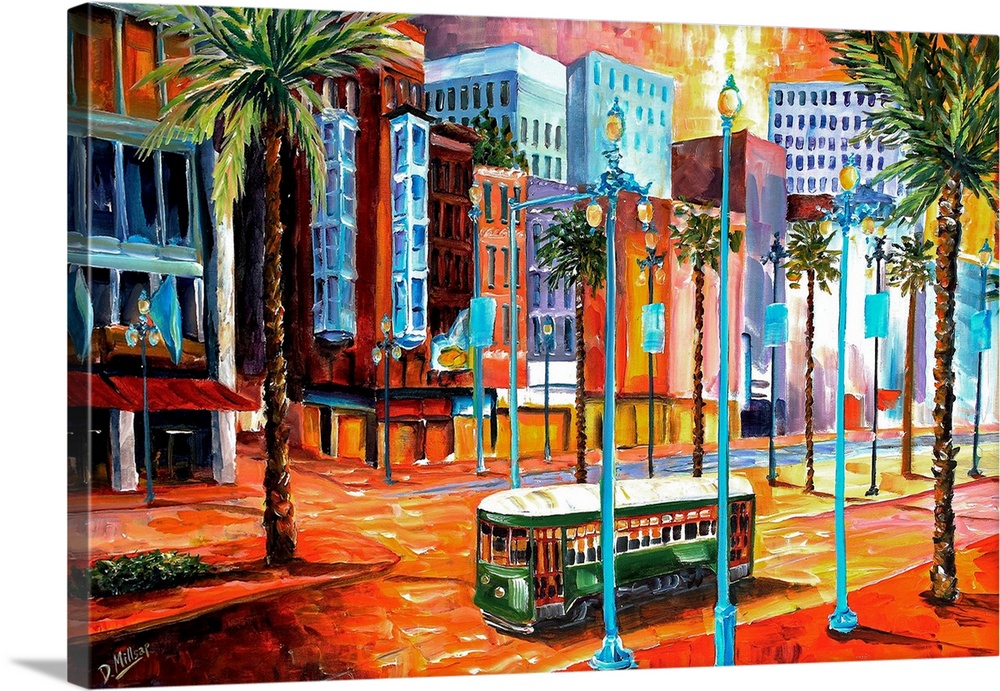 Vibrant contemporary painting of a trolley driving down the streets of a city in Louisiana.