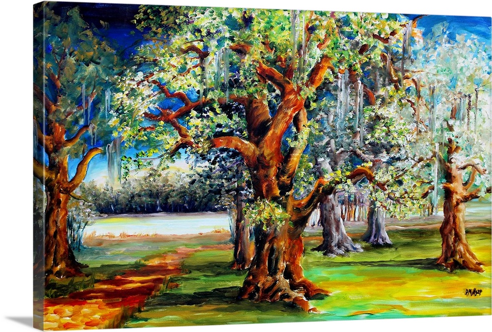 Contemporary painting of large oak trees in the bayou area of Louisiana.