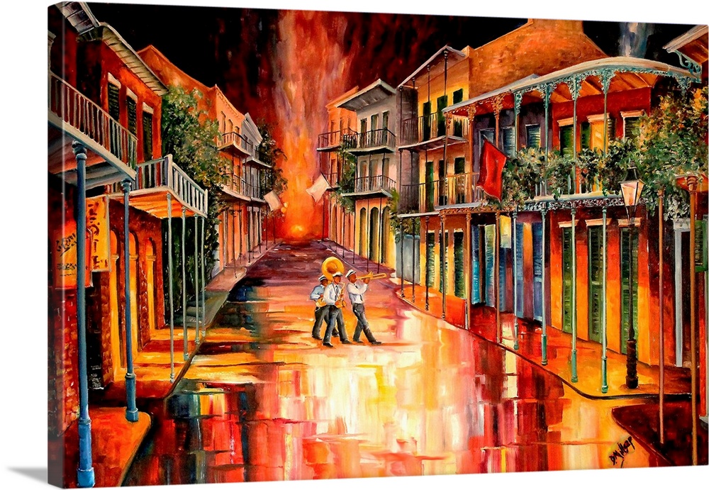 Contemporary artwork that uses bright colors to paint a street lined with buildings in New Orleans with three musicians pl...