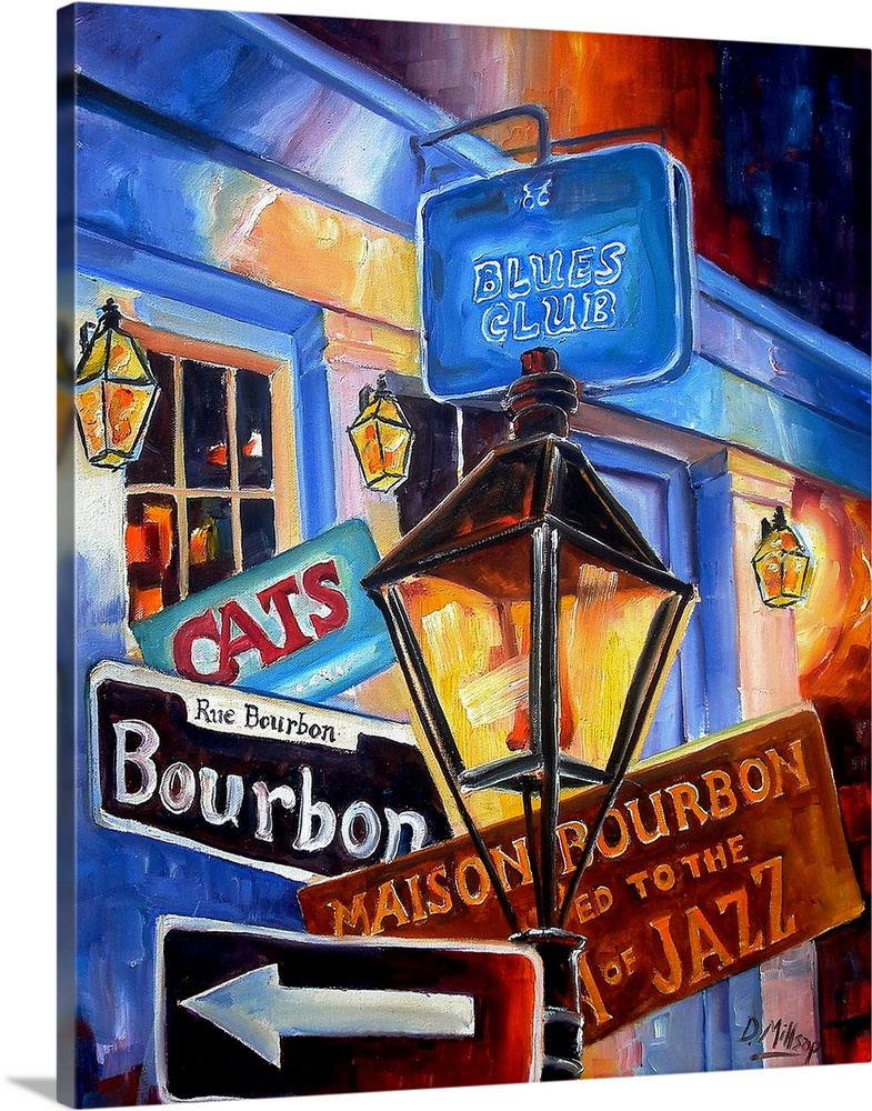 Portrait, contemporary painting of a small collection of advertising signs one would see on Bourbon Street in New Orleans....