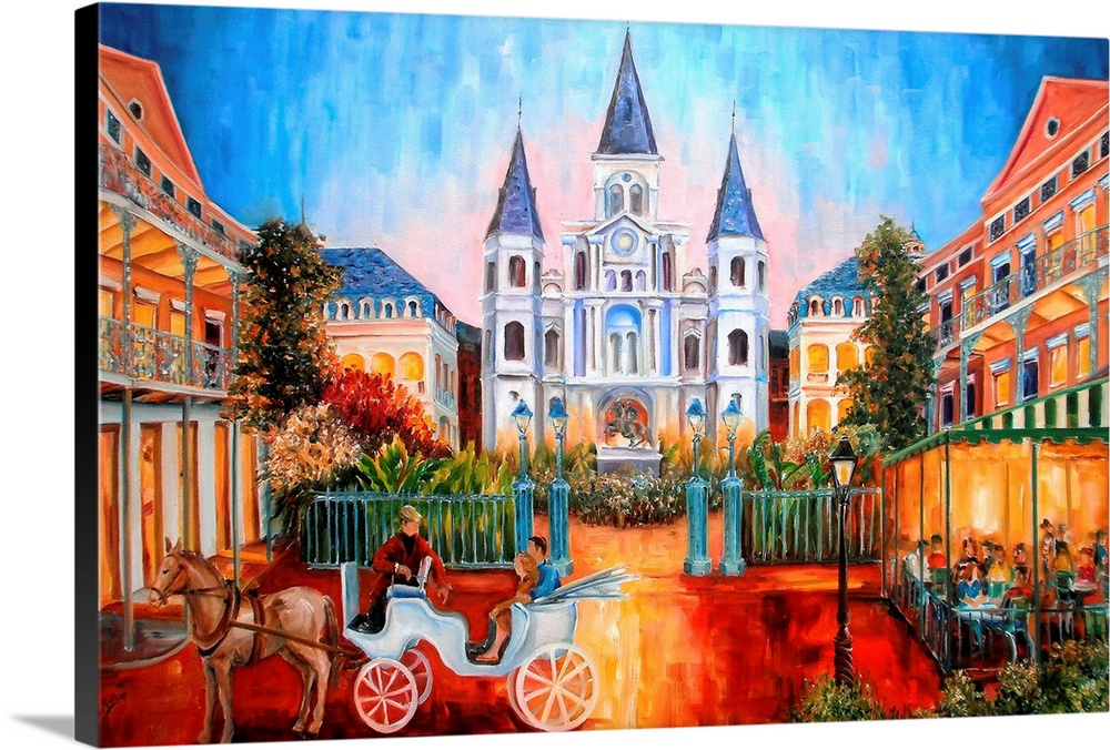 Huge contemporary art shows a historic park in the French Quarter of New Orleans, Louisiana through the use of a lot of br...