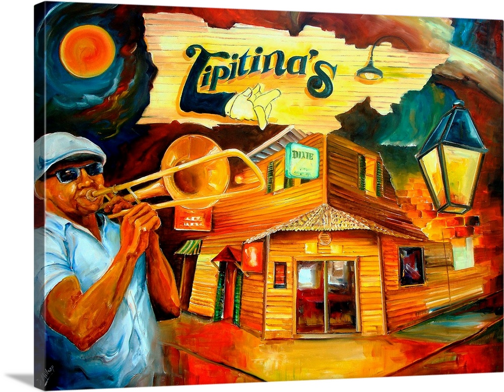 Contemporary artwork of a New Orleans restaurant with a man painted to the left playing the trombone.