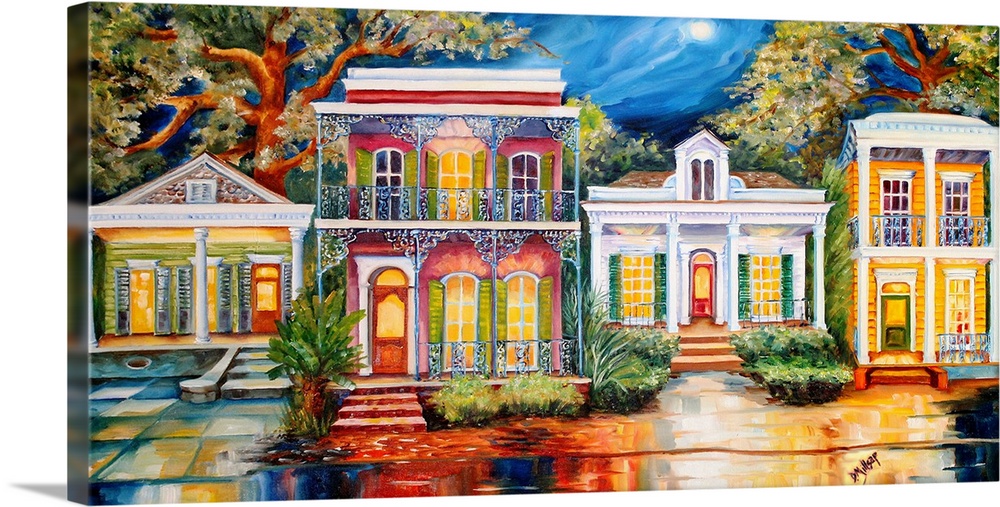 Vibrant painting of a row of home facades in New Orleans, LA.