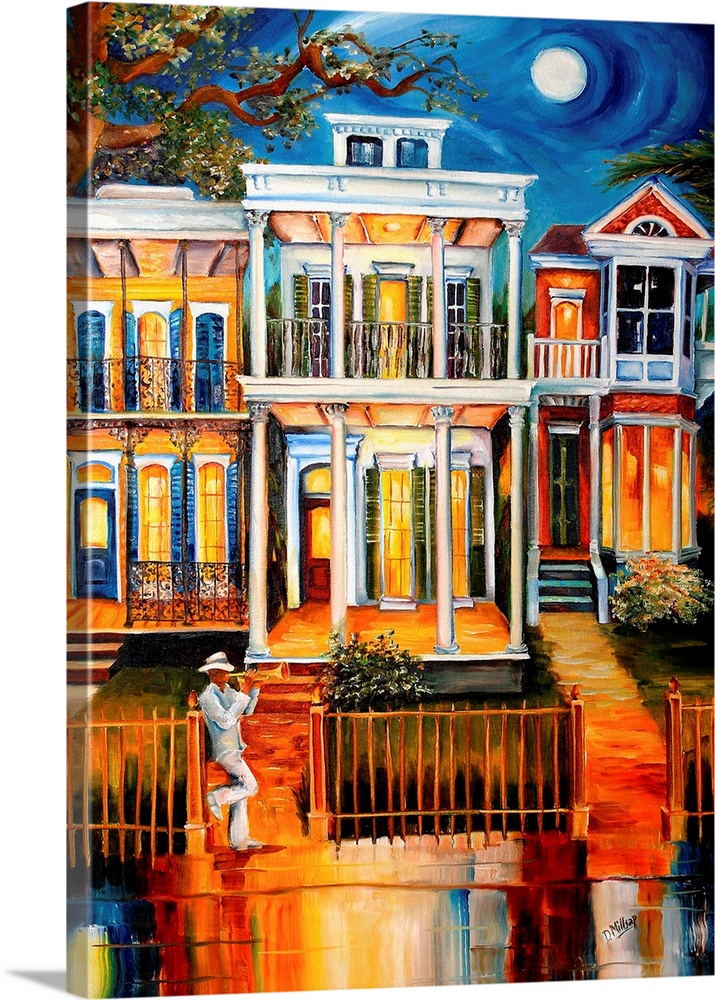 A colorful work of art that shows three houses lining a street in New Orleans with a trumpet player leaning on the fence i...