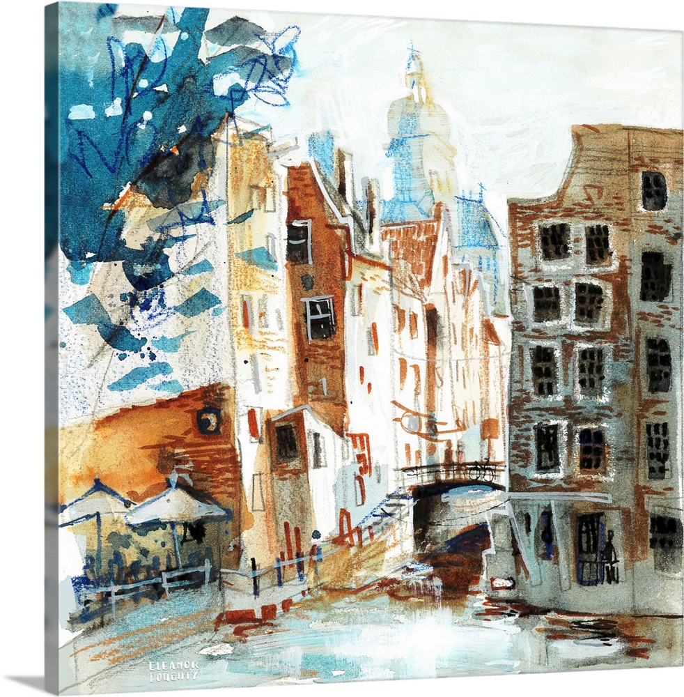 Mixed media and watercolor sketch of a popular viewpoint in Amsterdam, the Netherlands, between the train station and the ...