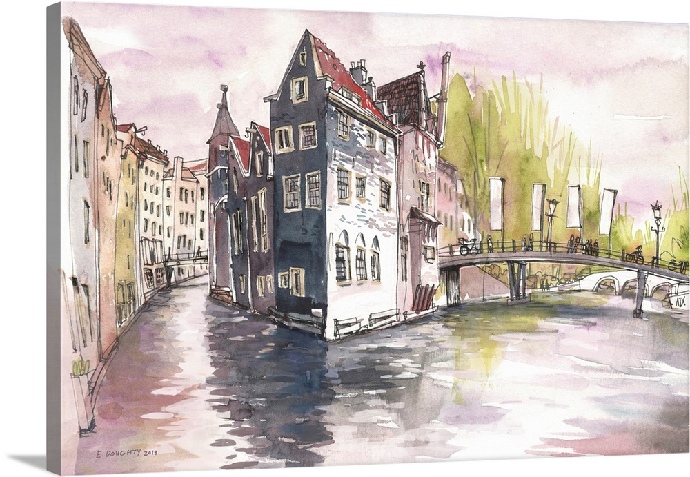 An Amsterdam block of buildings hugged by canals and connected with bridges. Painted in watercolor.