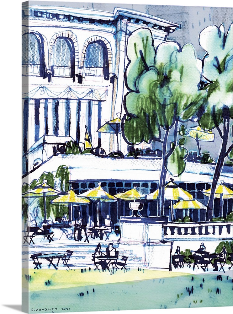 One of the artist's favorite places to draw, Bryant Park always has an interesting view. People sit under umbrellas at the...