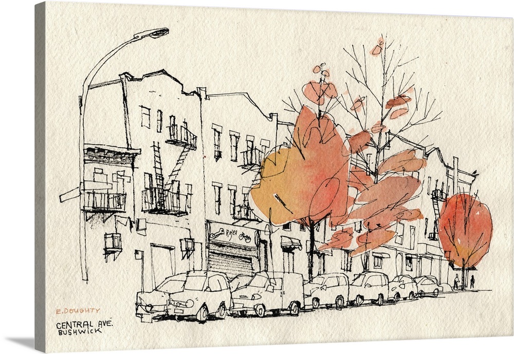 Central Avenue city block in the Bushwick neighborhood of Brooklyn, New York City, punctuated by Autumn-colored trees.