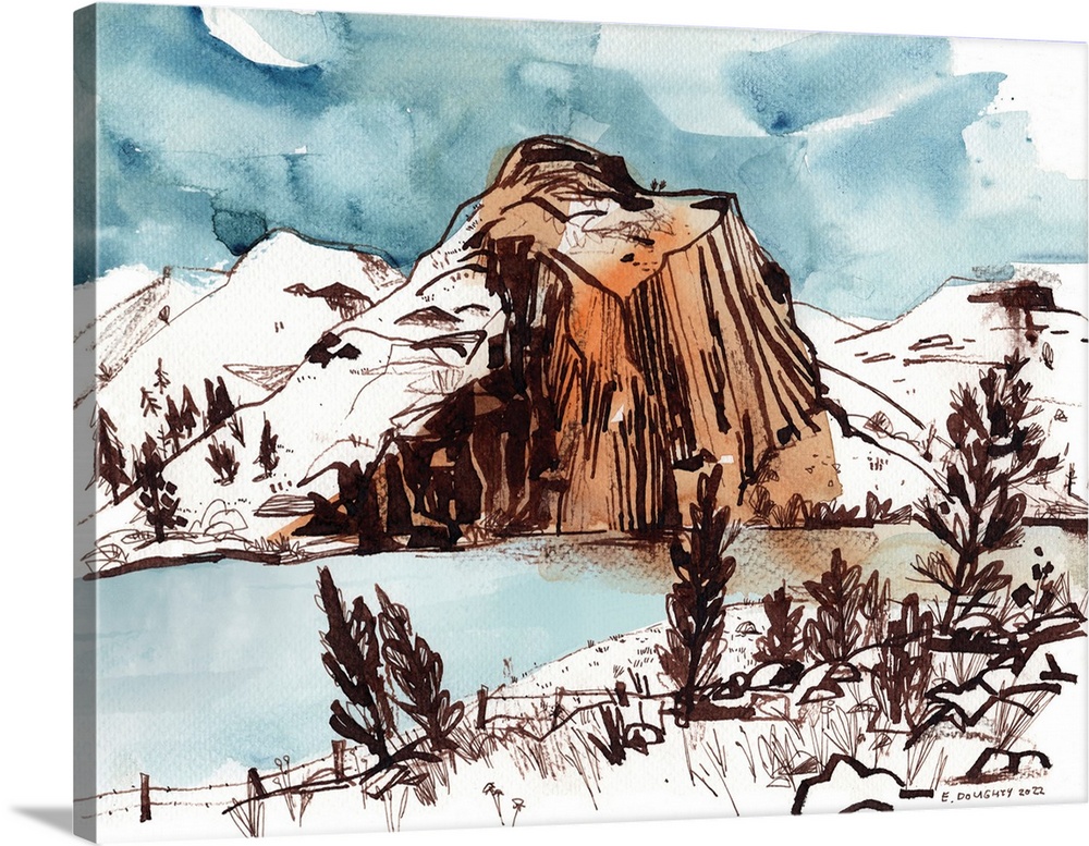 Cathedral Rock in Oregon is carved by the flowing John Day River at its base. The scene was captured in ink and watercolor.