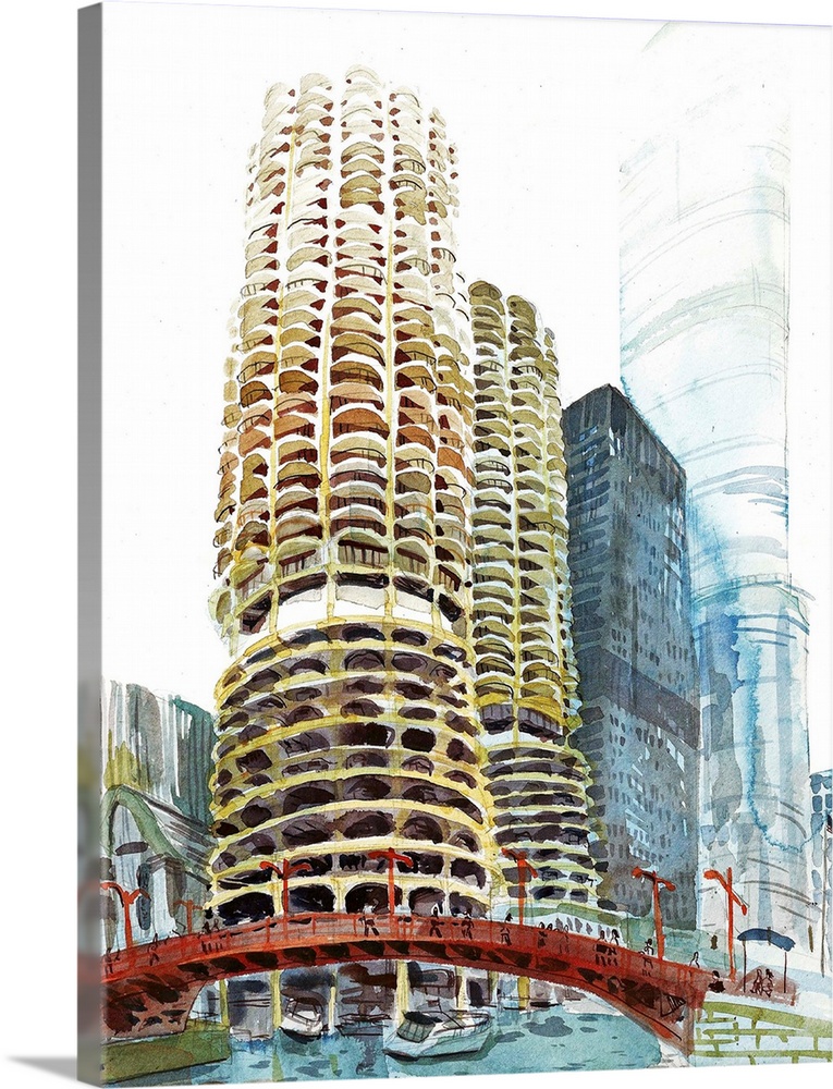 Watercolor illustration of my favorite high rises in Chicago, the Marina Towers, which are in great architectural company ...