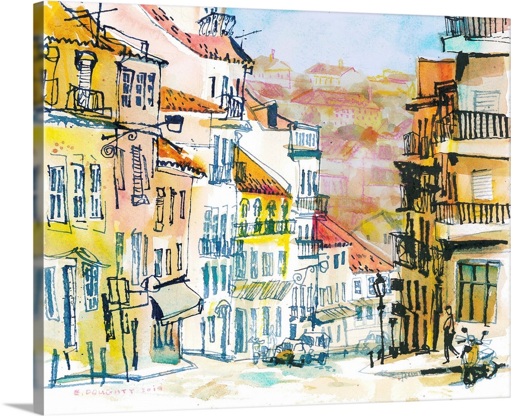A typical city view in the Portuguese capitol, Lisbon. White & yellow faades and terracotta rooftops are quintessential ar...