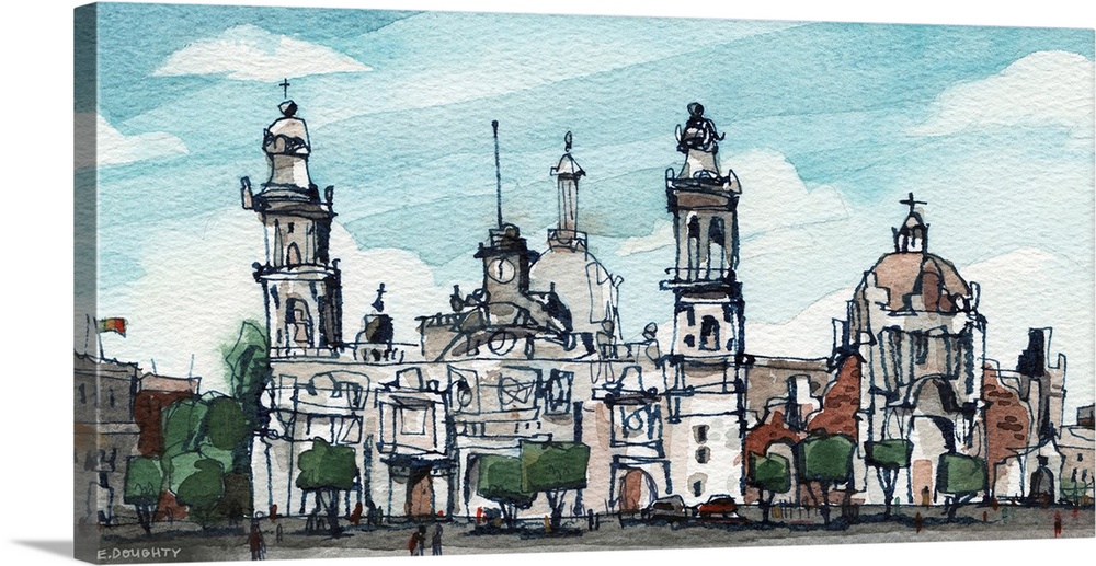 In El Zocalo, Mexico City, a sunny day warms the walls of antique architecture.