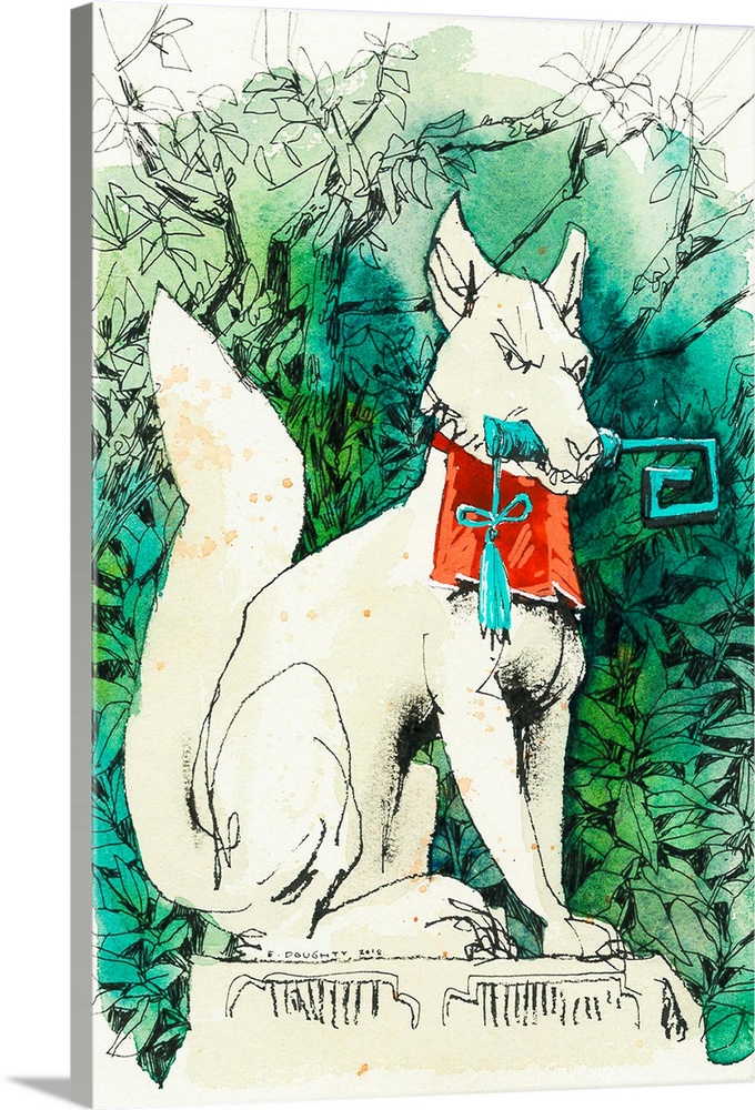 Watercolor and ink illustration of one of the many fox statues on the grounds of the world-famous Fushimi Inari temple in ...