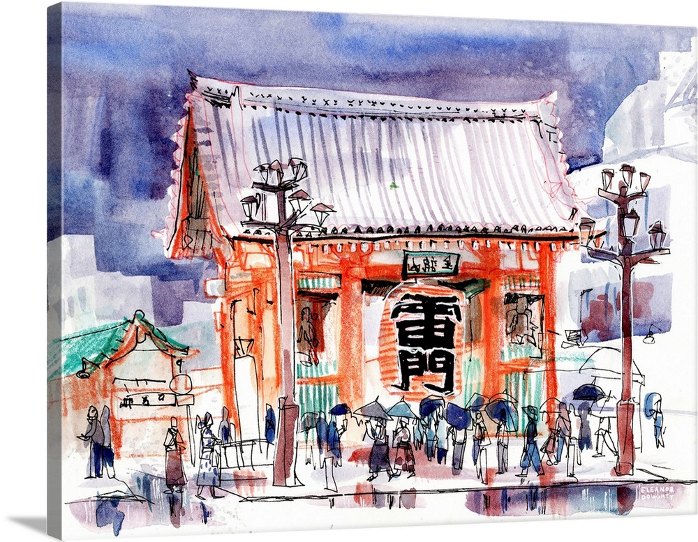 Watercolor and mixed media illustration of the famous Kaminarimon "Thunder Gate" entrance to the temple grounds in Asakusa...
