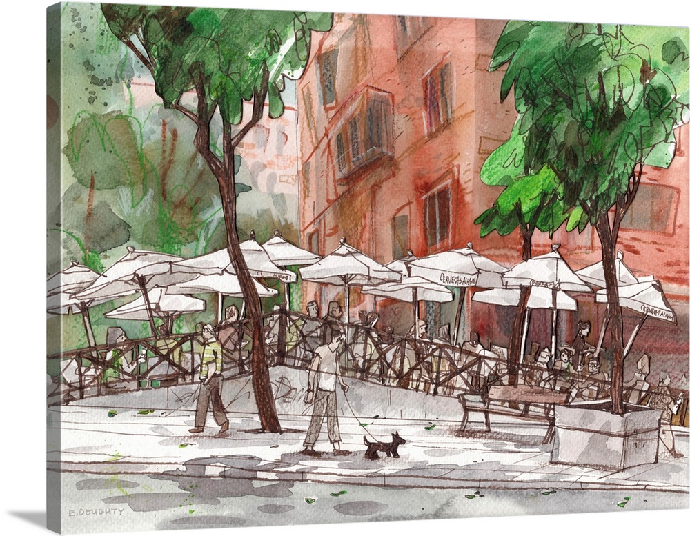 Patrons of this Madrid cafe are surrounded by tall, shady trees in the Acacias neighborhood. This is a print of two collag...