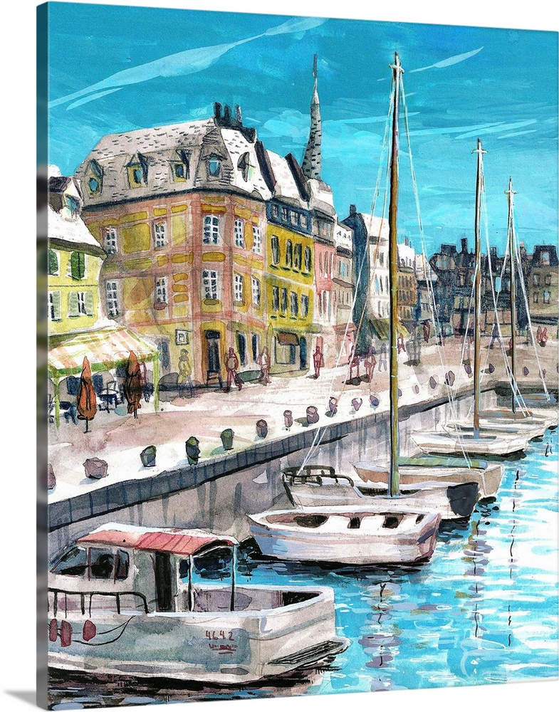 watercolor and gouache illustration of the famously picturesque marina in the middle of Honfleur, in western France.