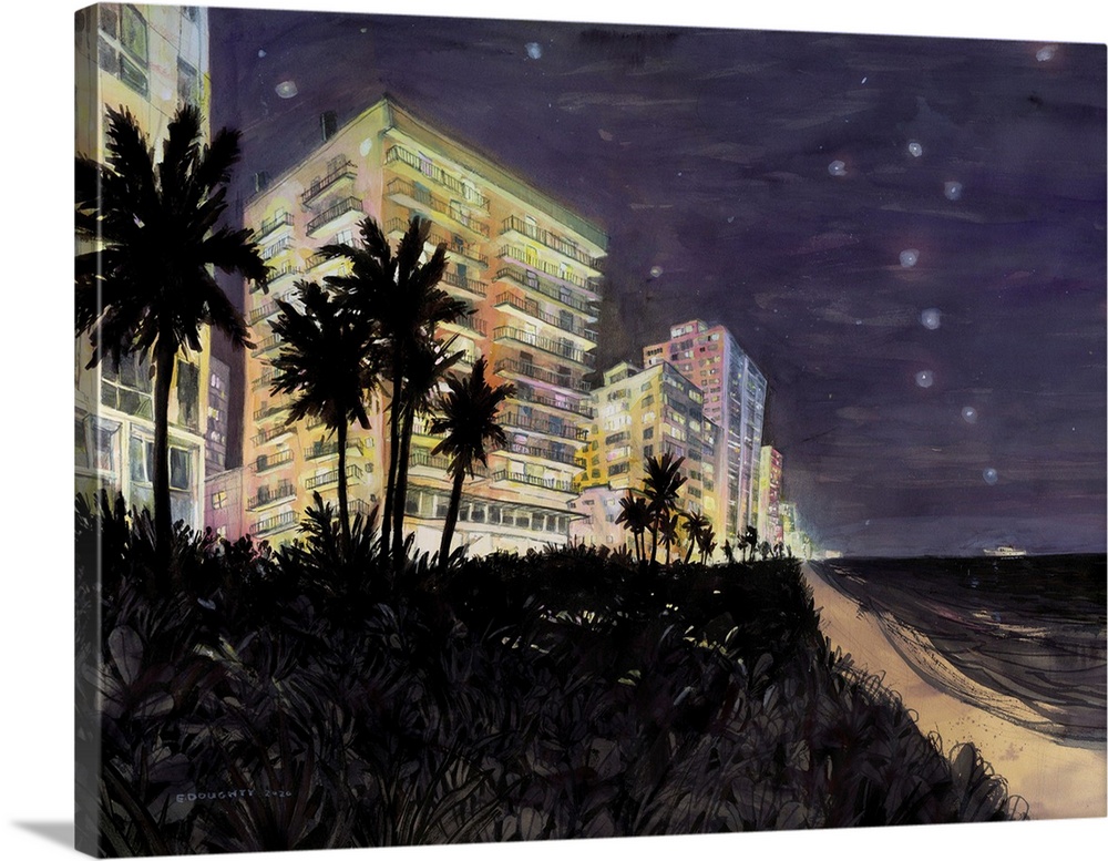 Middle Beach, Miami at night. All the lights are on but is anybody home? Originally painted in watercolor, ink, colored pe...