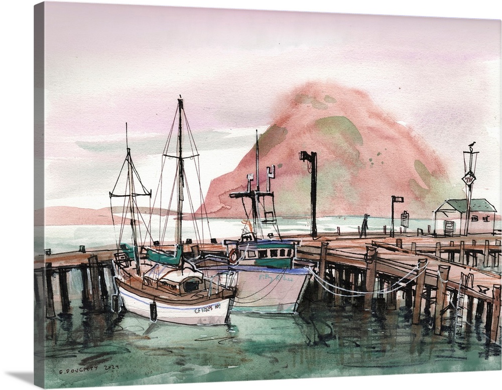 Boats tie up to a dock below the mist-covered Morro Rock in Central California on the Pacific Ocean.