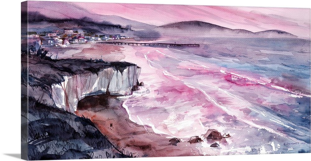 Watercolor artwork of Shell Beach at sunset. It's a place just south of San Luis Obispo town proper, on the bay. You can s...