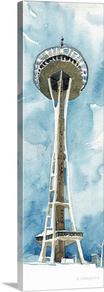 A tall view of the iconic Space Needle in Seattle, Washington, from below.