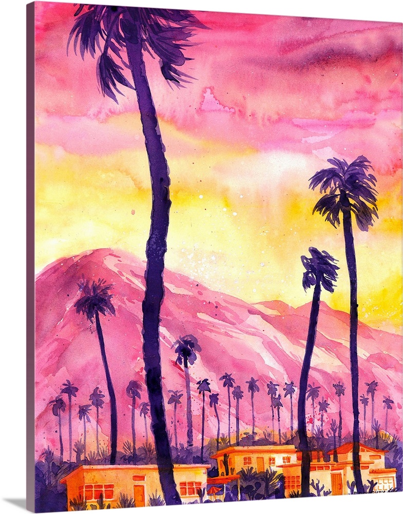 Watercolor of an imagined view in Palm Springs. Showing the distinguishing features of the scenery in the stunning Califor...