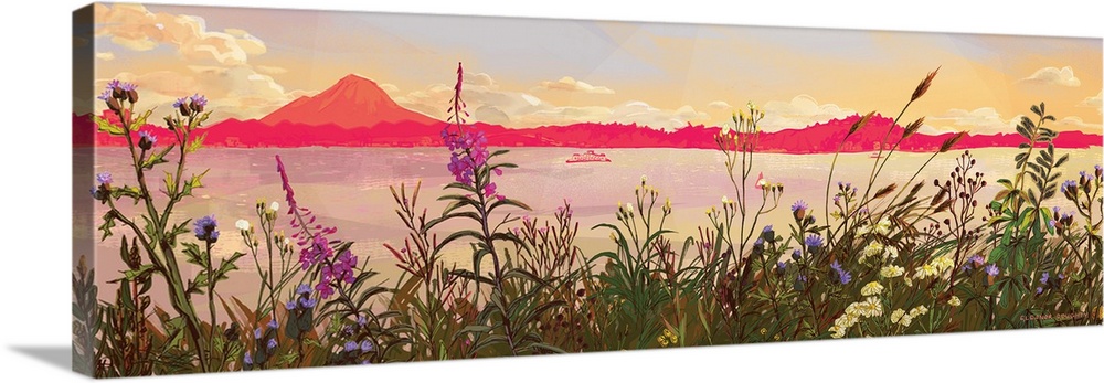 A distant ferry cruises through Elliot Bay during sunset, framed by multicolored wildflowers in the foreground and a mount...