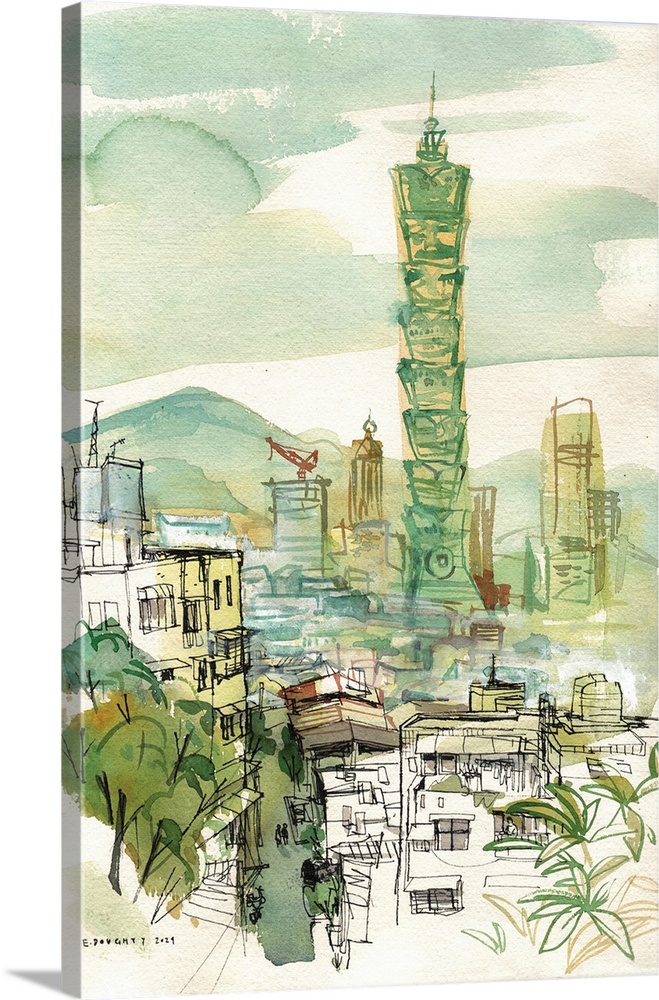 A tall city view in Taipei, Taiwan, in watercolor shades of teal and yellow. The Taipei 101 tower is an iconic sight in th...