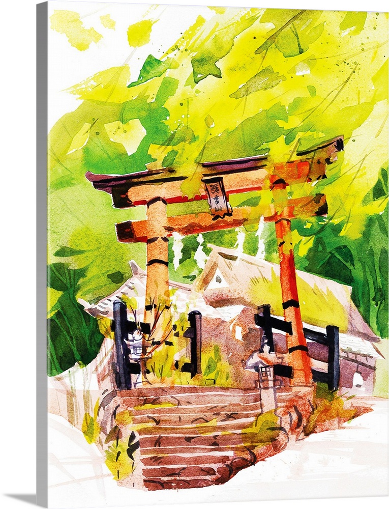 Watercolor illustration of a typical Shinto temple gate I painted in Kyoto in late summer near Arashiyama. The maple trees...