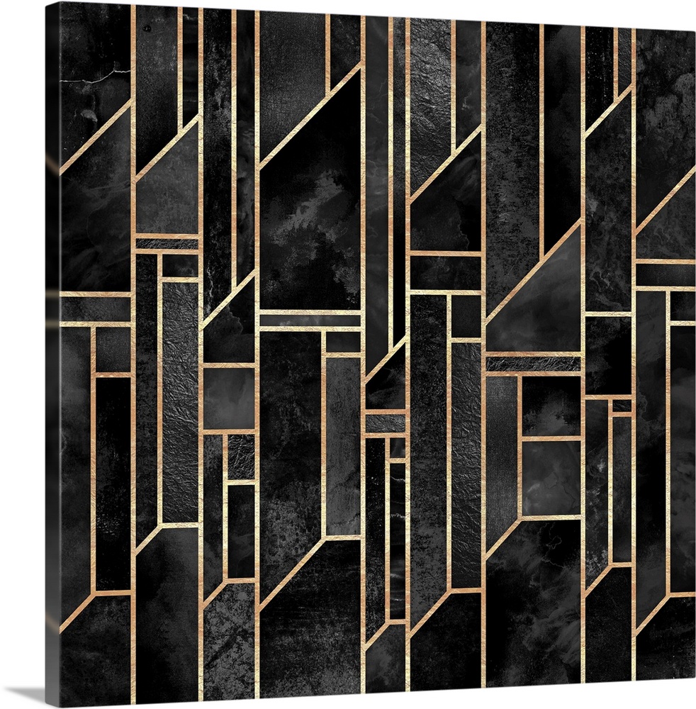 A contemporary, geometric, art deco design in dark shades of grey and black. The shapes are outlined in gold.
