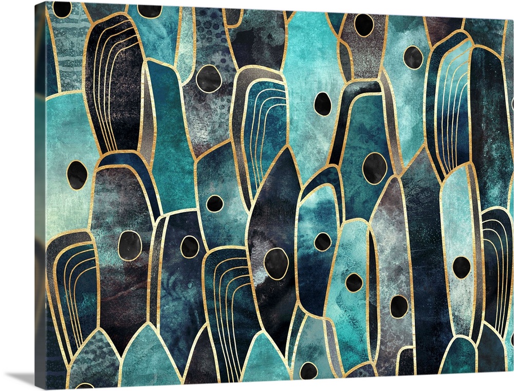 Vertical, organic shapes in shades of blue, turquoise, aqua and grey outlined in gold.